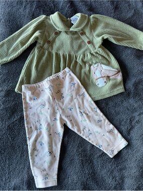 Olive Green Knit Baby Dress with Horse Appliqué & Cream Printed Leggings